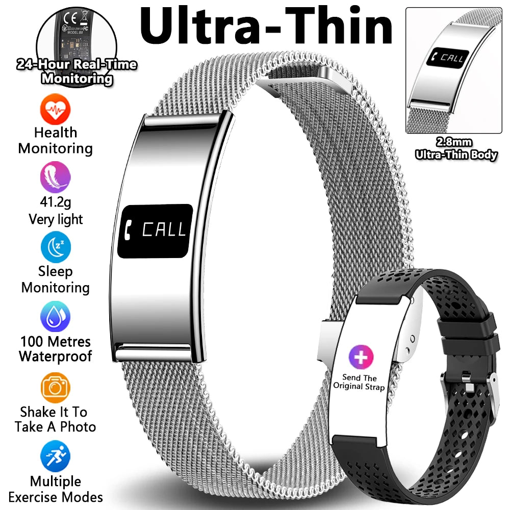 Silver-toned ultrathin fitness tracker bracelet with OLED screen and mesh strap