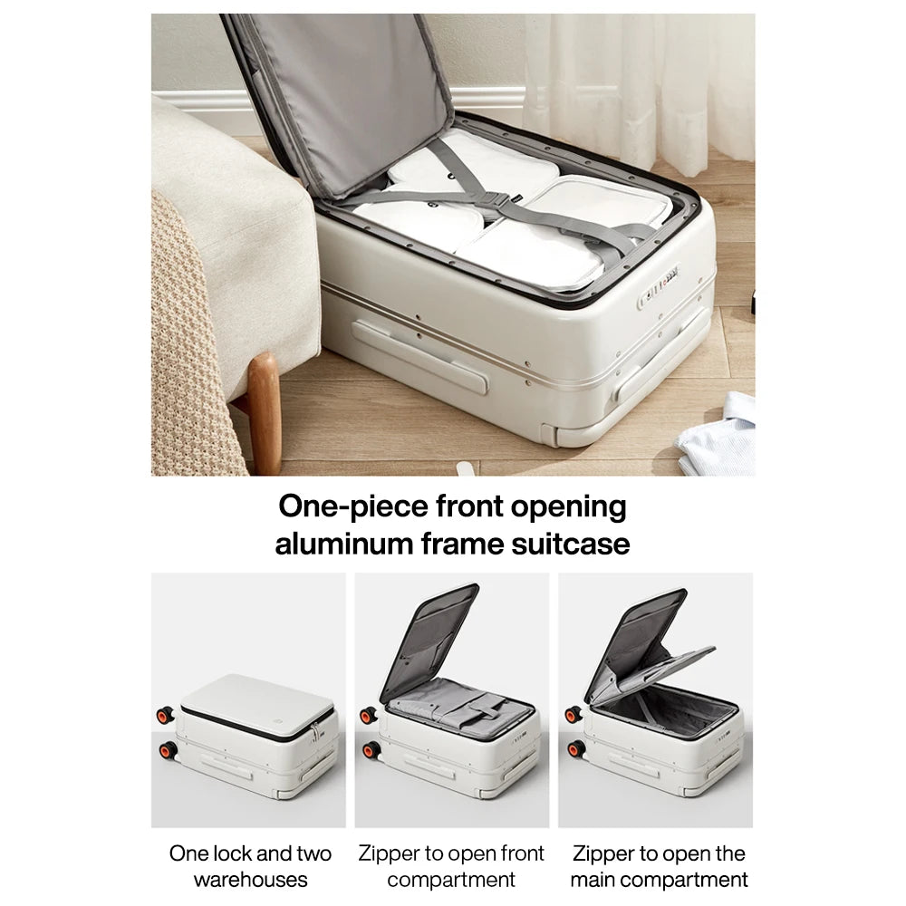 White aluminum frame carry-on suitcase open from the front, on four spinner wheels