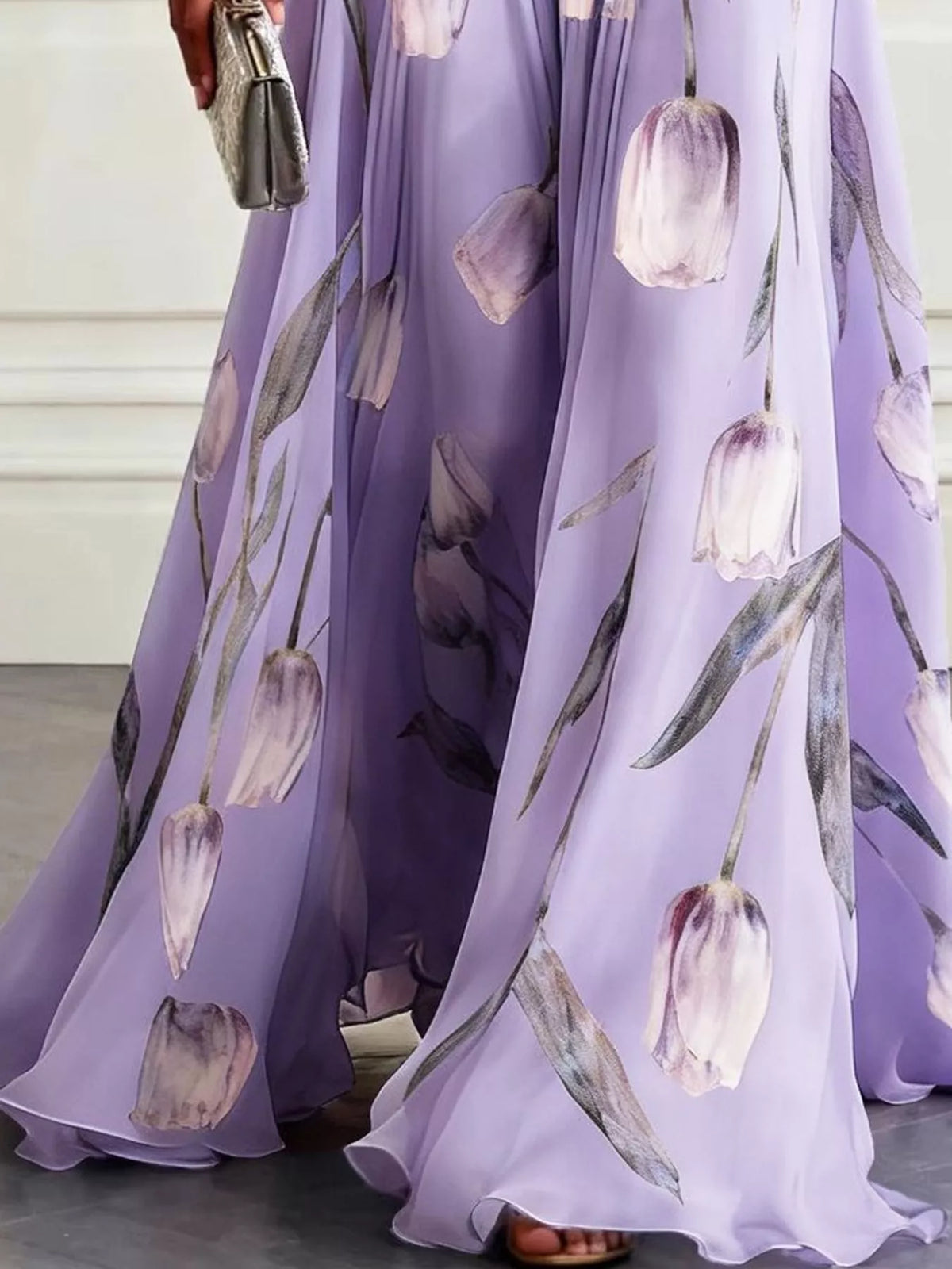 Sleeveless floral print ruched maxi dress in light purple with draped, floor-length skirt