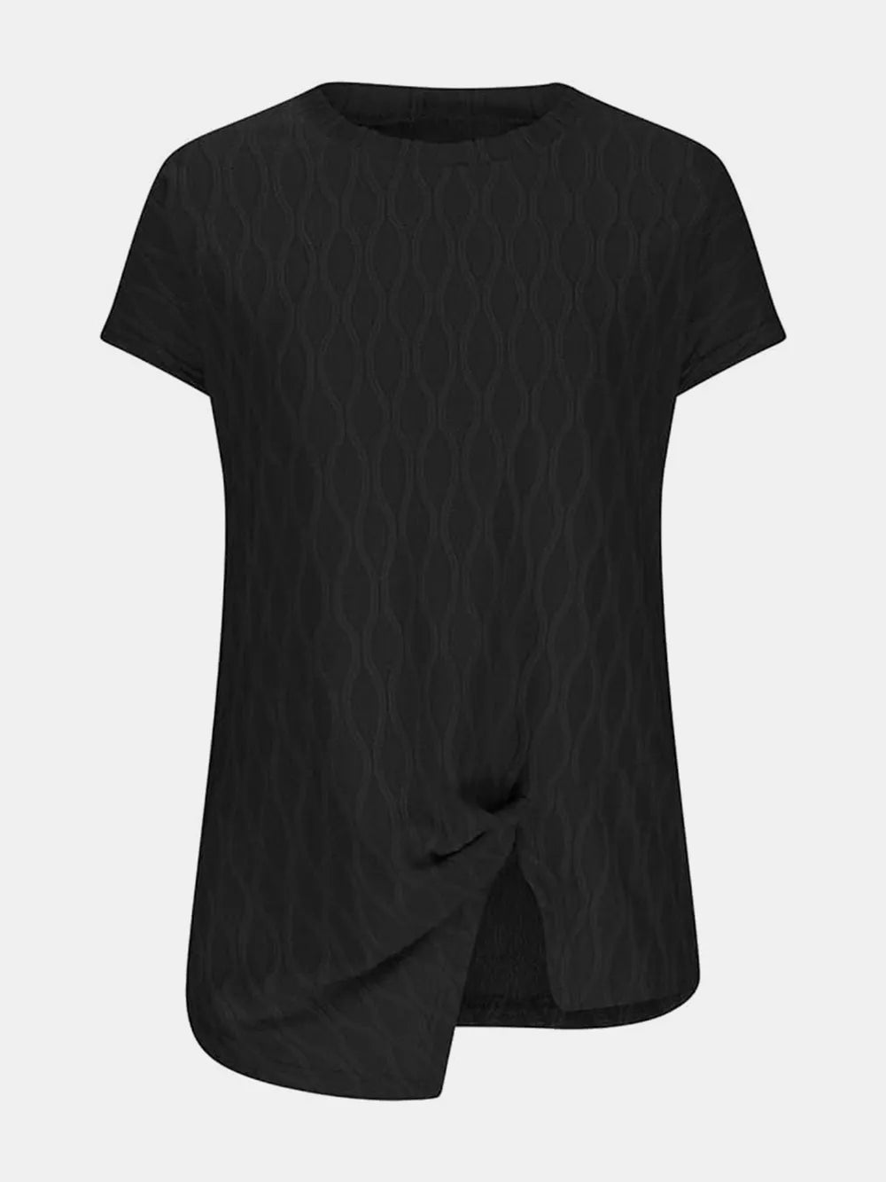 Round-neck short-sleeve T-shirt in black, side-slit hem and crew neckline