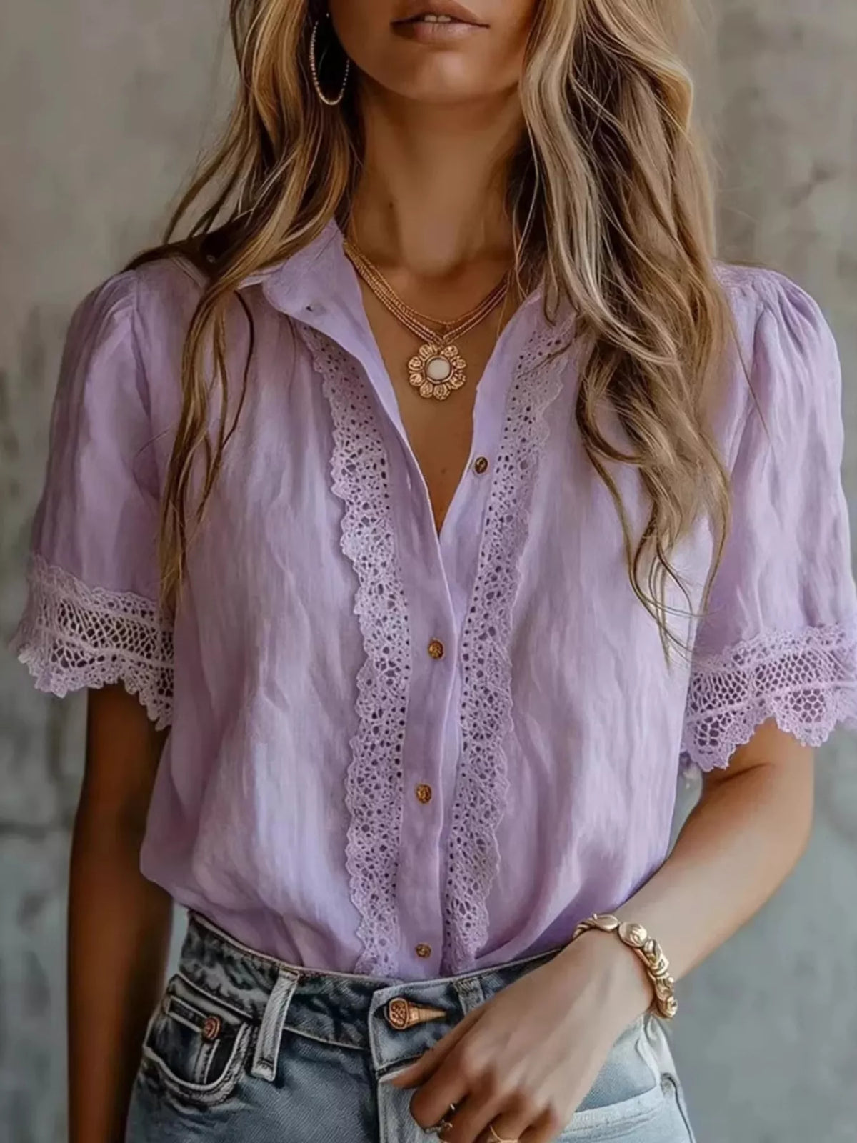 Lavender short-sleeve shirt with lace V placket and small gold buttons