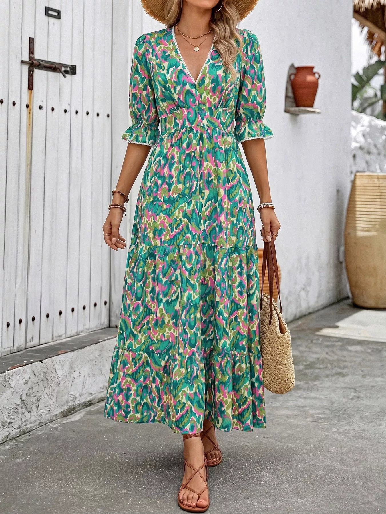 Cedar & Moore Printed V-Neck Flounce Sleeve Dress in green pink teal print; maxi, Trendsi