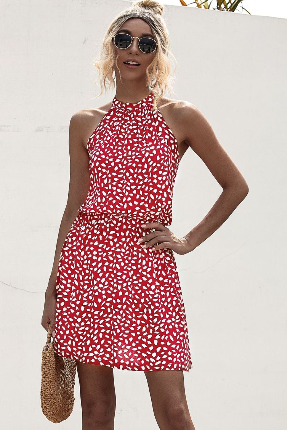 Deep red printed halter mini dress with sleeveless Grecian neckline