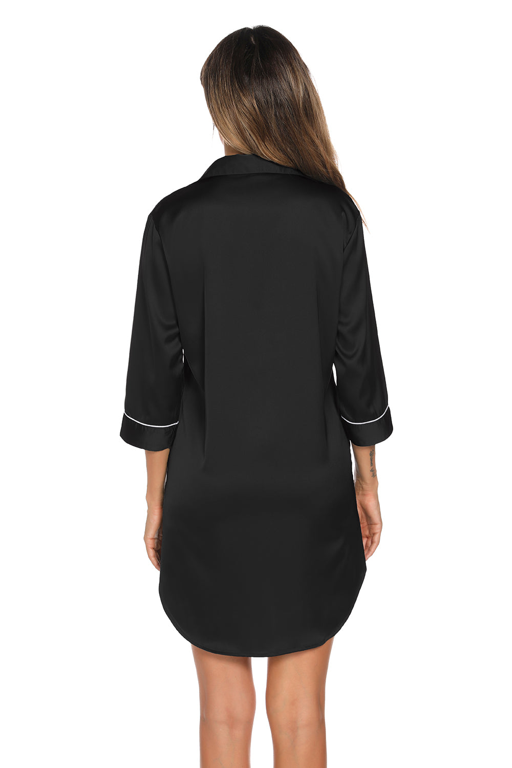 Black button-up collared night dress, back view, 3/4 sleeves with contrast trim