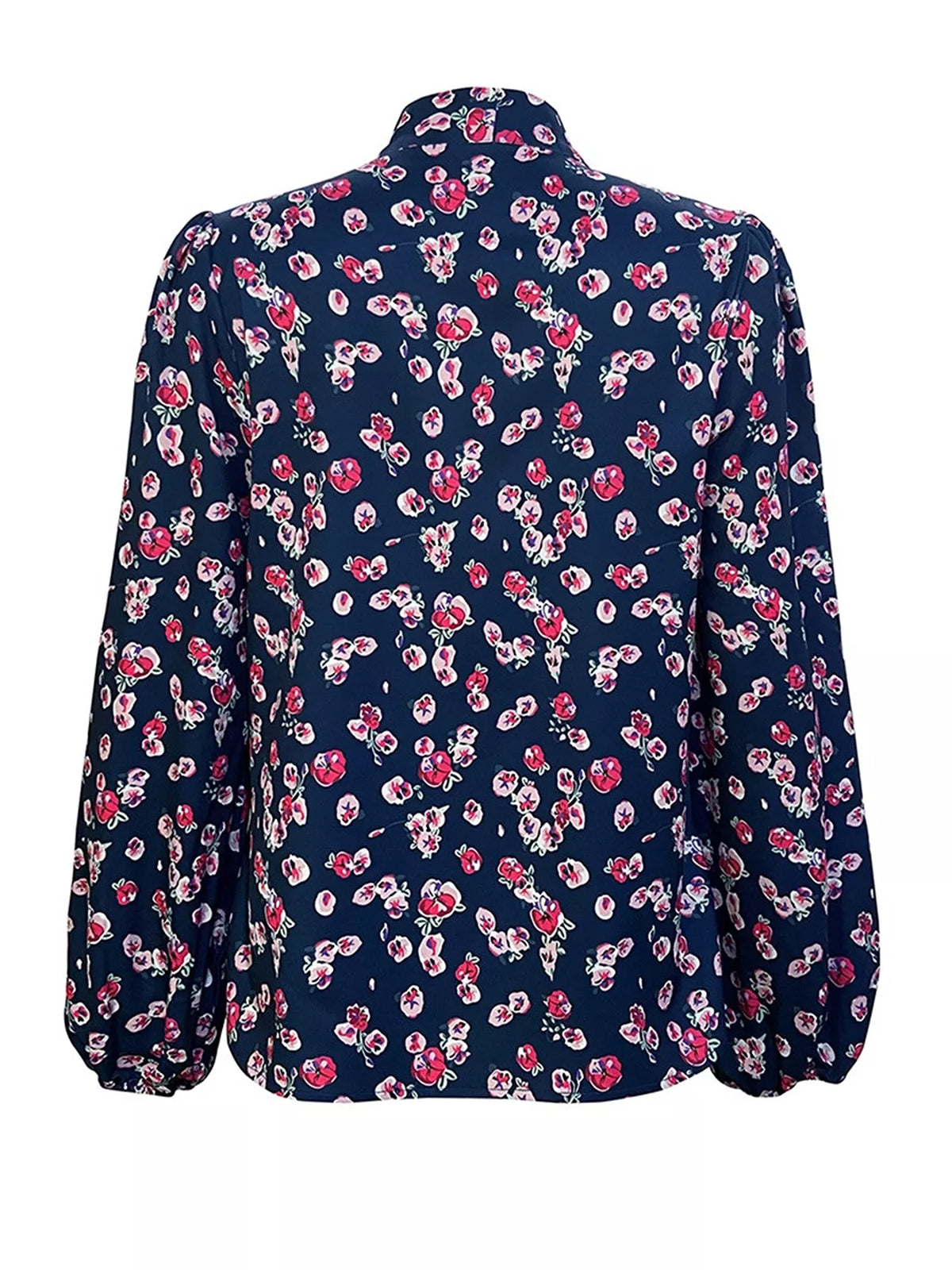Navy printed long-sleeve blouse back with high collar and full sleeves