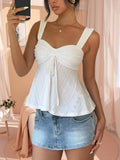 Cedar & Moore Eyelet Embroidered Drawstring Cami Top in white with wide straps and front tie