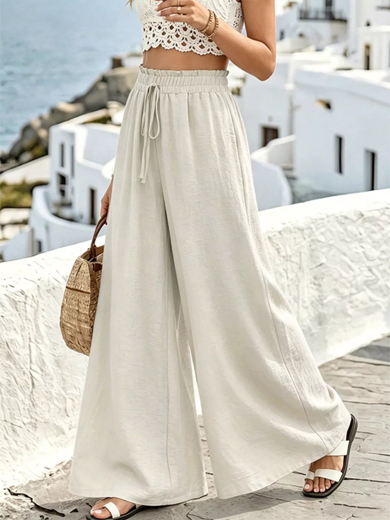Women’s wide-leg drawstring pants in light cream, elastic waist with drawcord ties