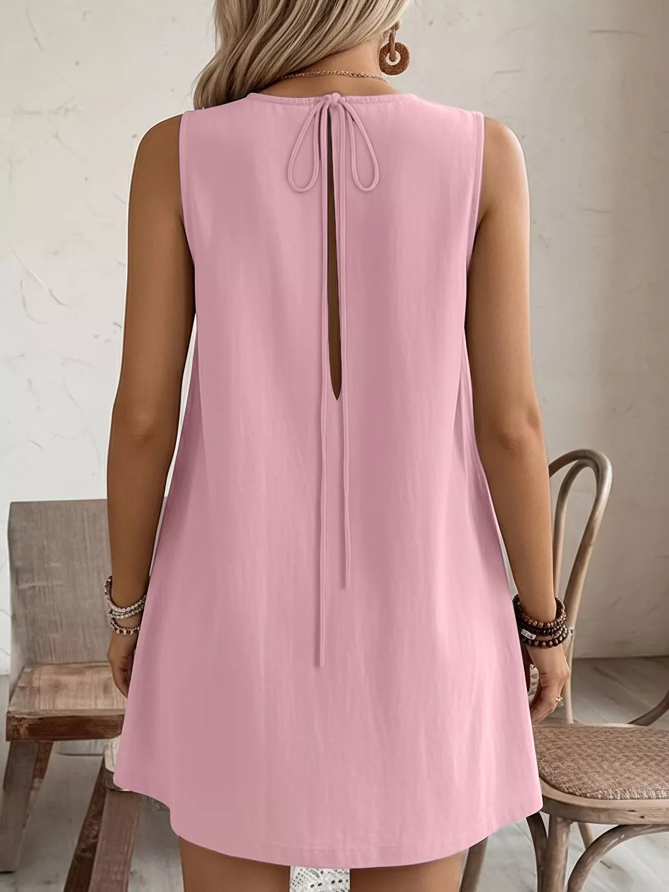 Cedar & Moore Frill Sleeveless Round Neck Dress by Trendsi in pink with back tie and keyhole opening