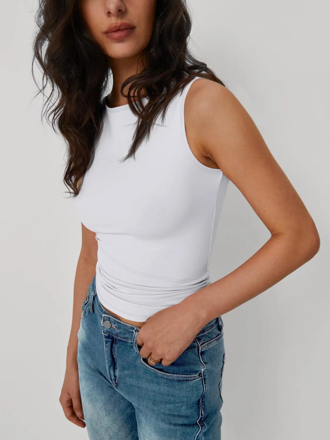 Solid round neck tank, white, sleeveless crew neckline with ruched waistline