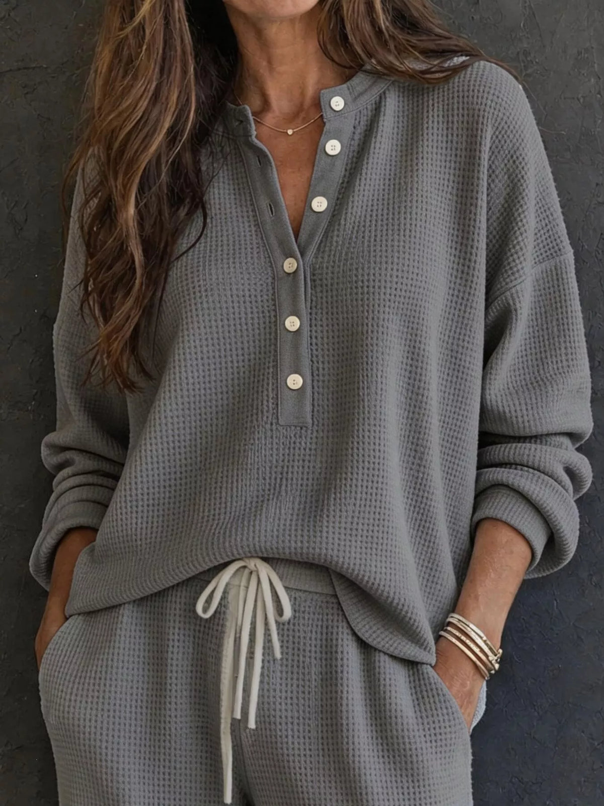 Dark gray waffle knit lounge set: henley pullover with buttons and drawstring waist pants