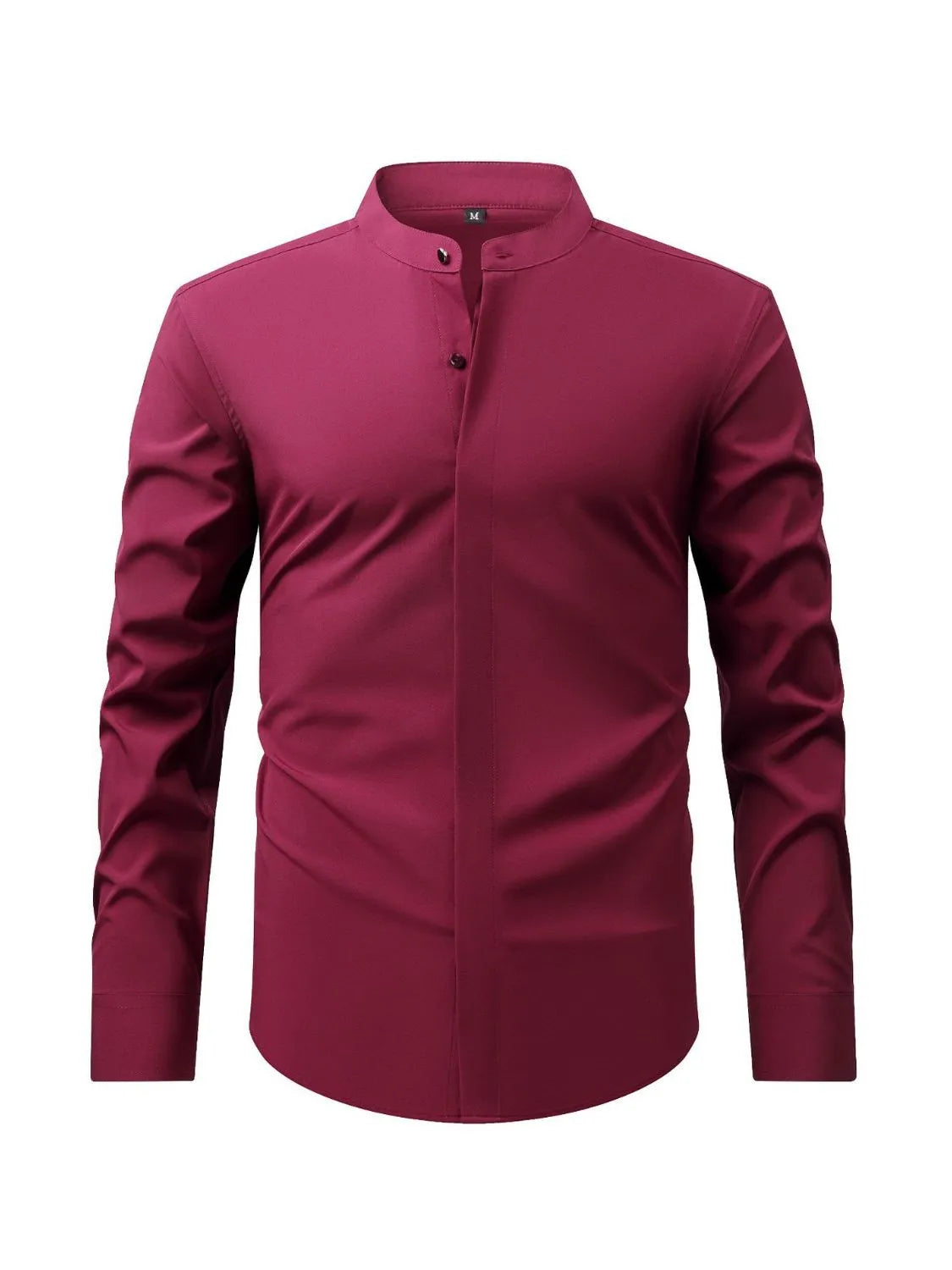 Men's stand-collar button-down shirt with long sleeves, wine red