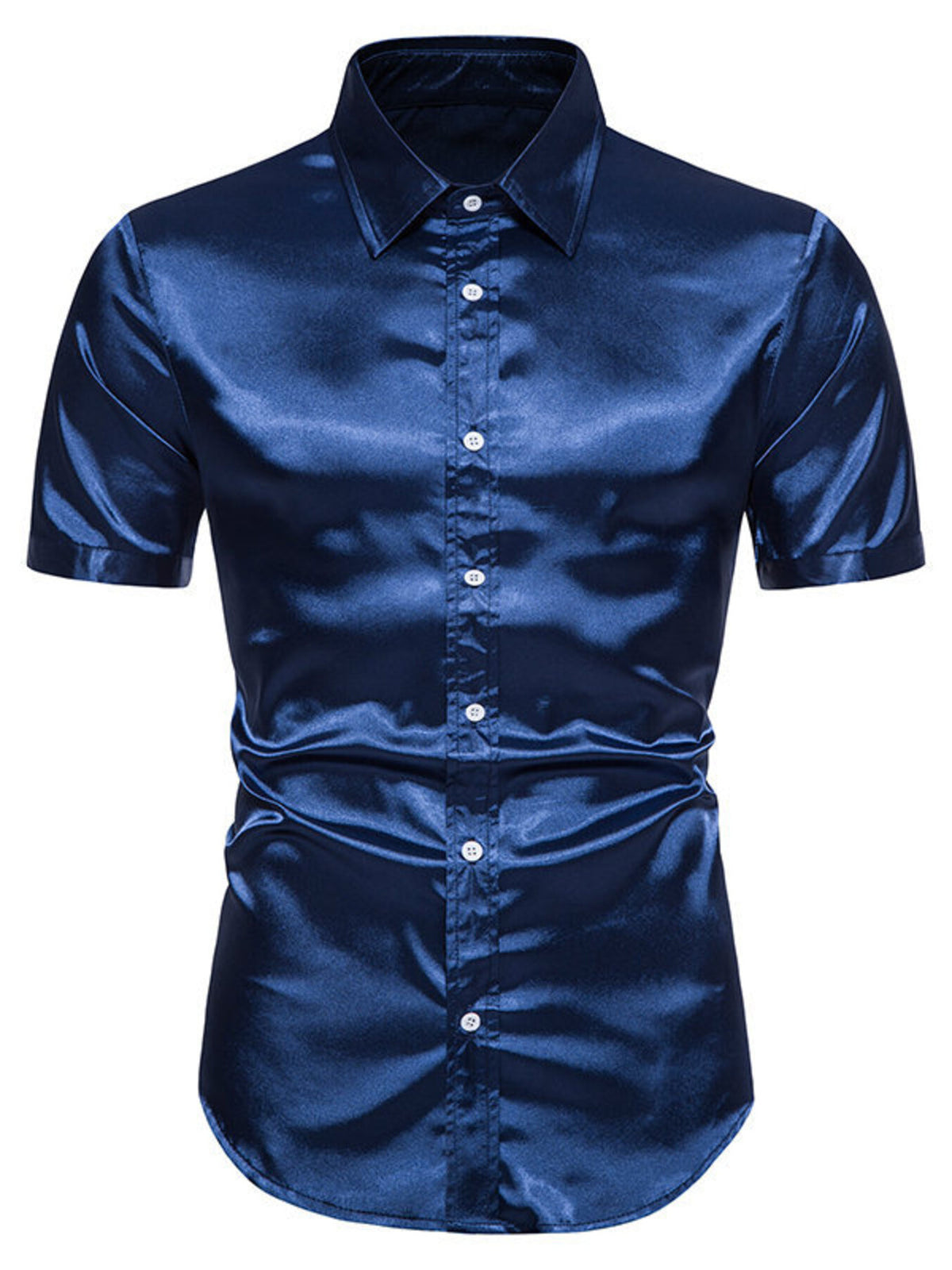 Navy satin-look short-sleeve button-up shirt with pointed collar and front buttons.