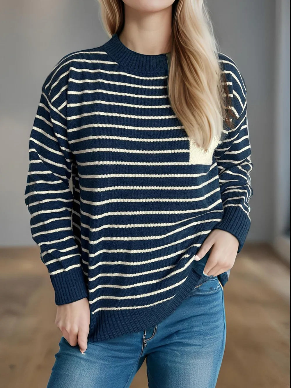 Striped mock neck long-sleeve sweater in navy with thin cream horizontal stripes