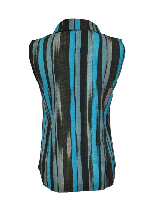 Striped sleeveless button-up shirt back view in sky blue and dark blue
