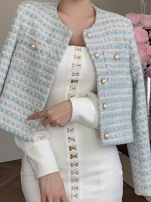 Light blue cropped tweed jacket with gold-tone button front and textured striped weave