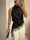Cedar & Moore High Neck Lace Trim Cami in black satin with asymmetrical lace detail