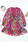 Printed Flounce Sleeve Mini Dress in bright multicolor abstract print with waist tie and ruffled hem.