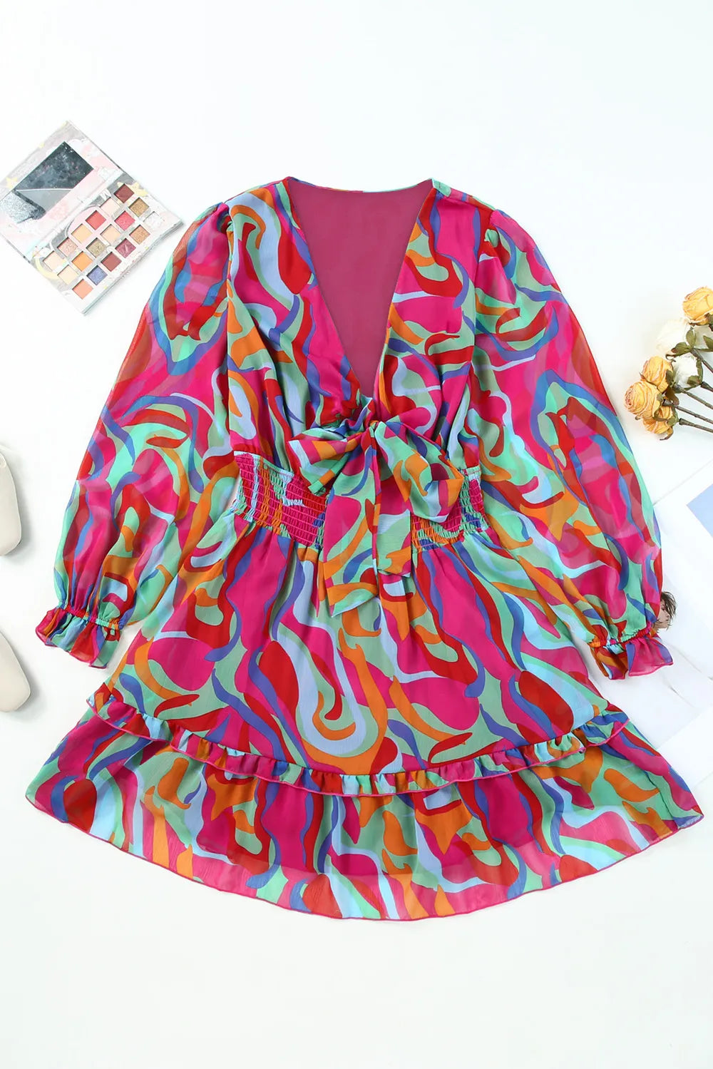 Printed Flounce Sleeve Mini Dress in bright multicolor abstract print with waist tie and ruffled hem.