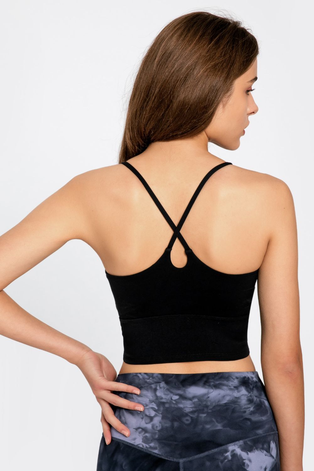 Black scoop neck sports cami with crisscross X-back straps
