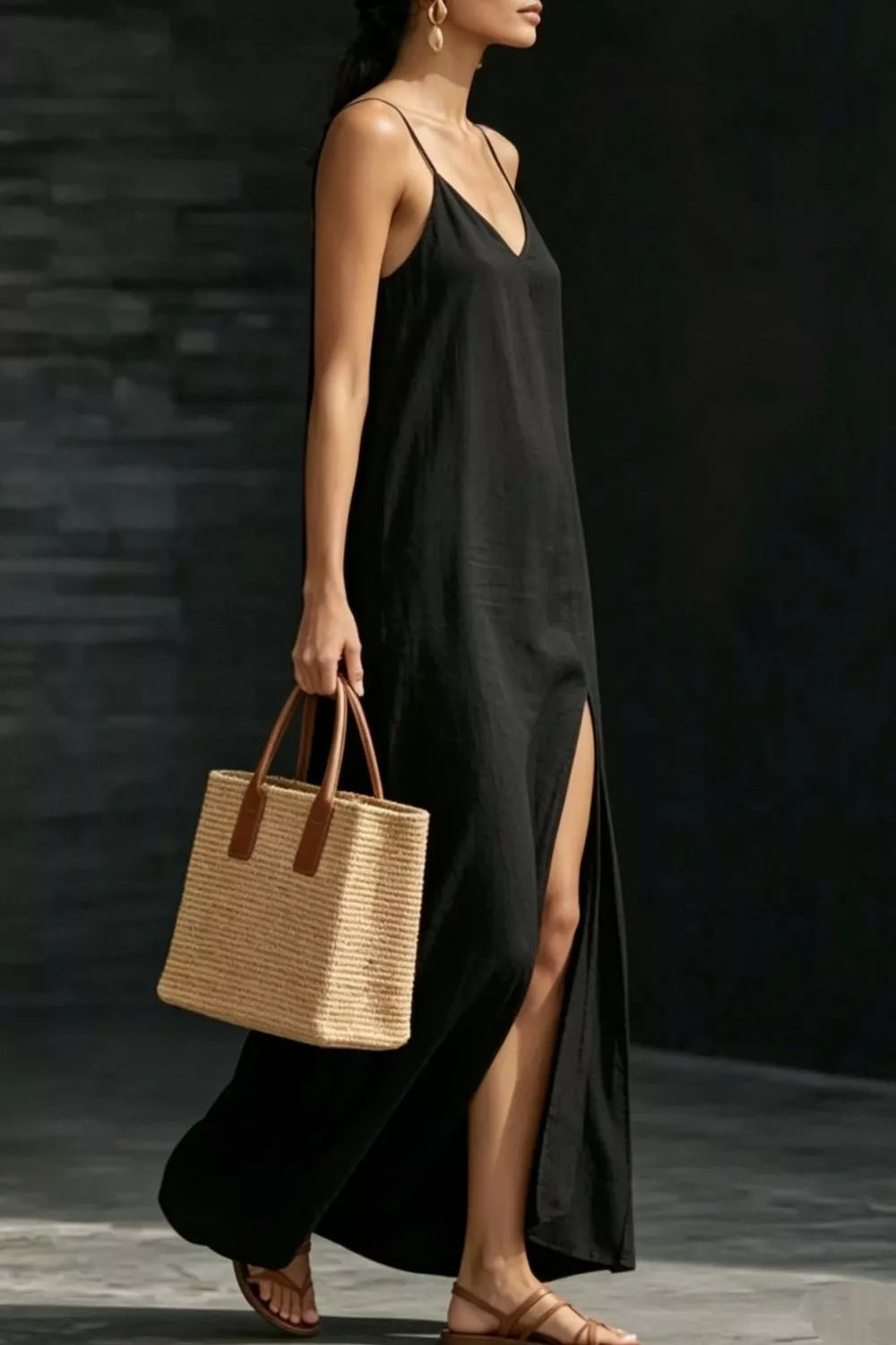 Cedar & Moore Slit V-Neck Maxi Dress in black with spaghetti straps and side slit.