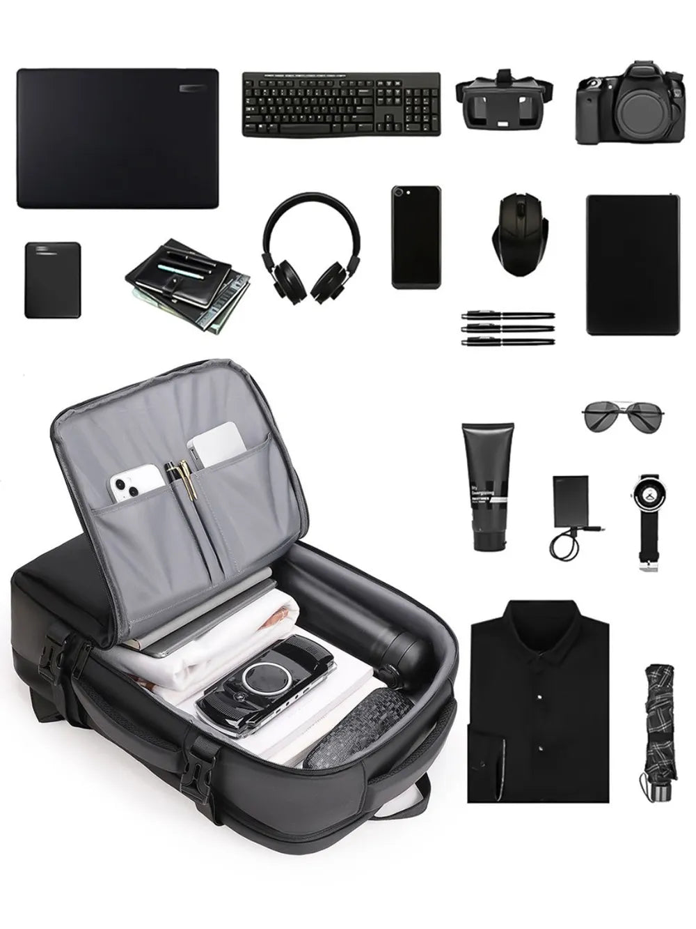 Black backpack open interior with compartments and small tech accessory pouches