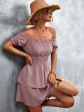 Ruffled Swiss Dot Off-Shoulder Dress in dusty pink with smocked waist and tiered skirt, Trendsi