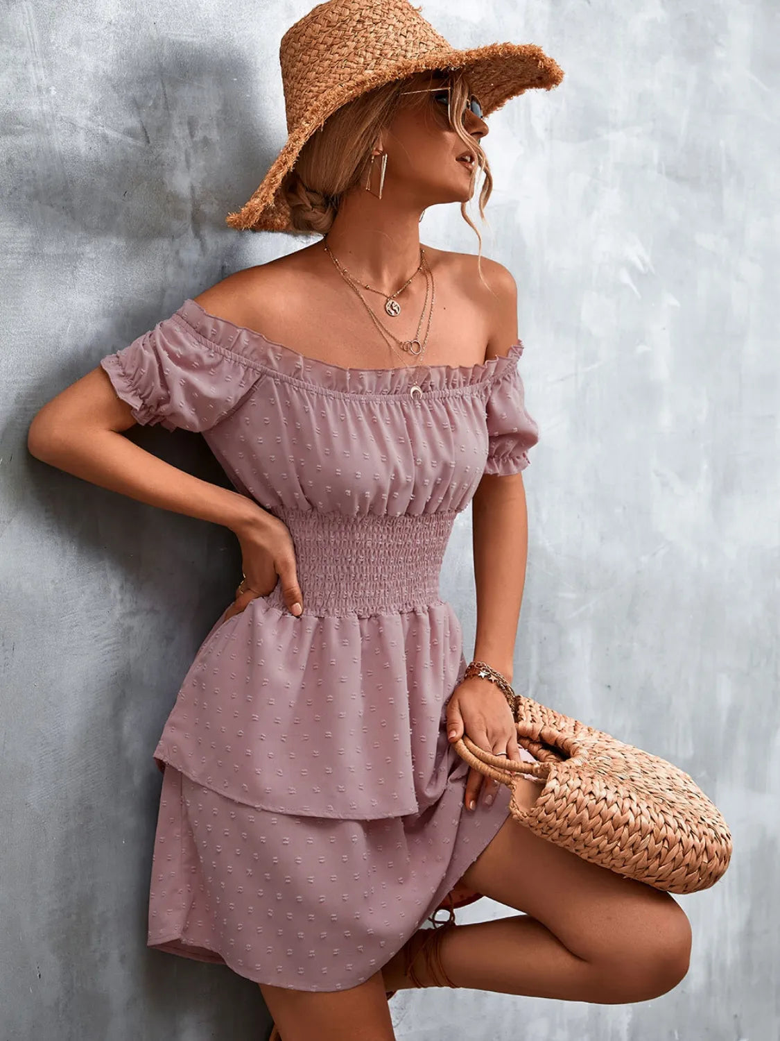 Ruffled Swiss Dot Off-Shoulder Dress in dusty pink with smocked waist and tiered skirt, Trendsi
