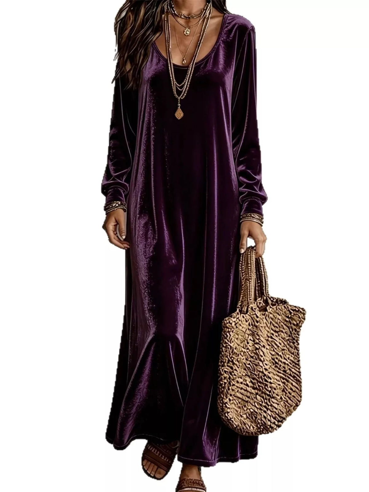 Purple soft velvet long-sleeve maxi dress with scoop neckline and relaxed silhouette