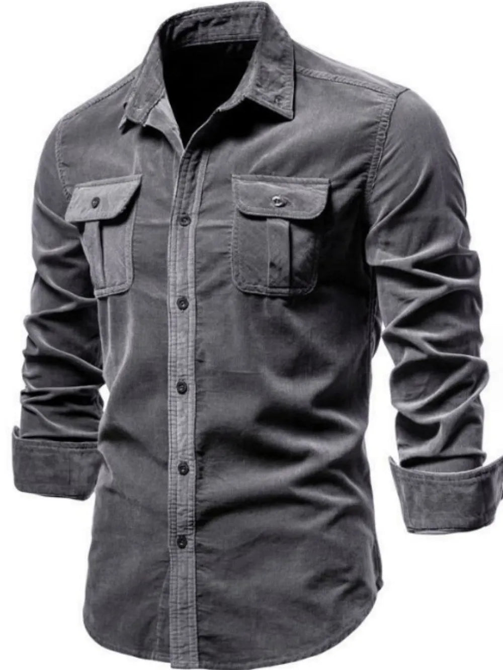 Men's collared button-down shirt with two chest pockets, long sleeves (gray)