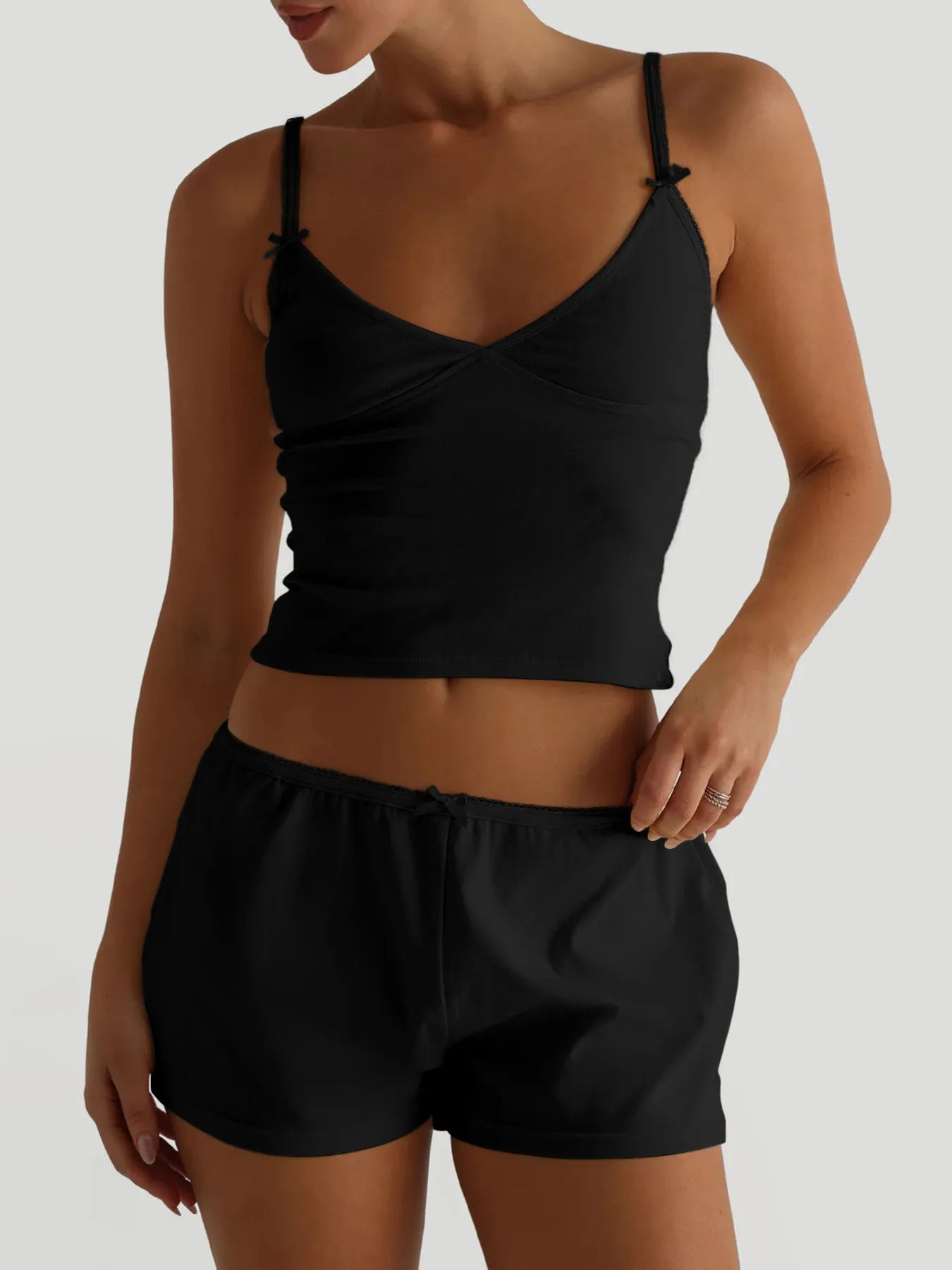 Black V-neck cami and high-rise shorts set with spaghetti straps