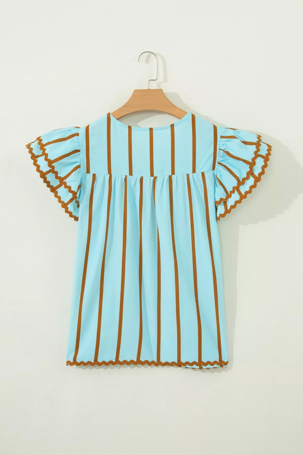Cedar & Moore Stripe Ricrac Trim Double Ruffled Short Sleeve V-Neck Blouse in turquoise with brown stripes