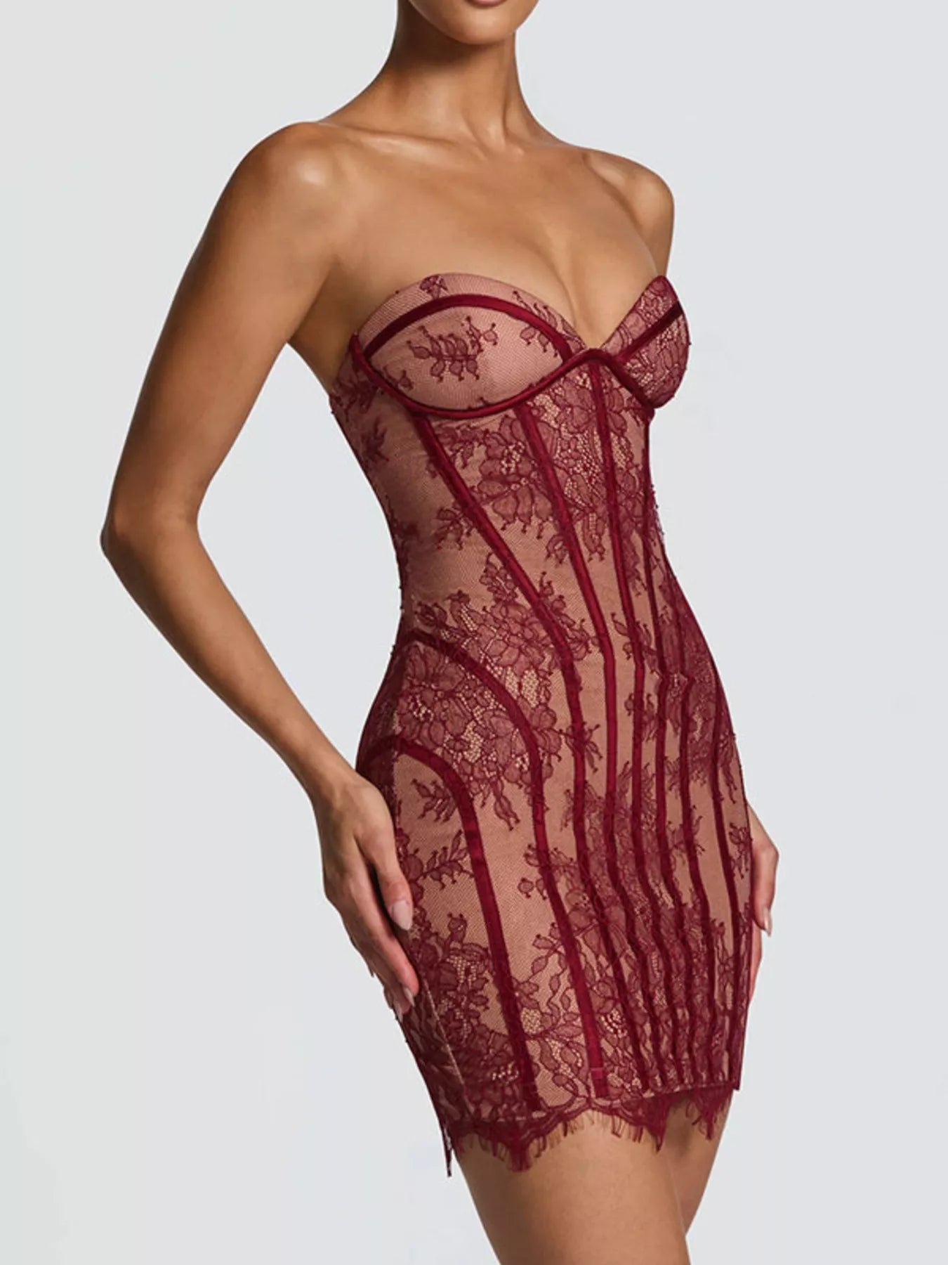 Cedar & Moore Lace Detail Tube Mini Dress in burgundy lace with lace-up detailing by Trendsi