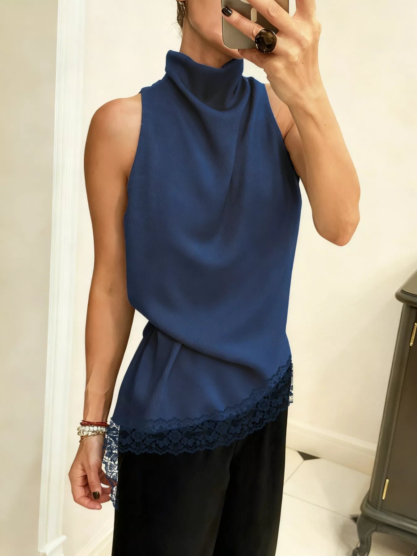 Cedar & Moore High Neck Lace Trim Cami in blue with lace hem.