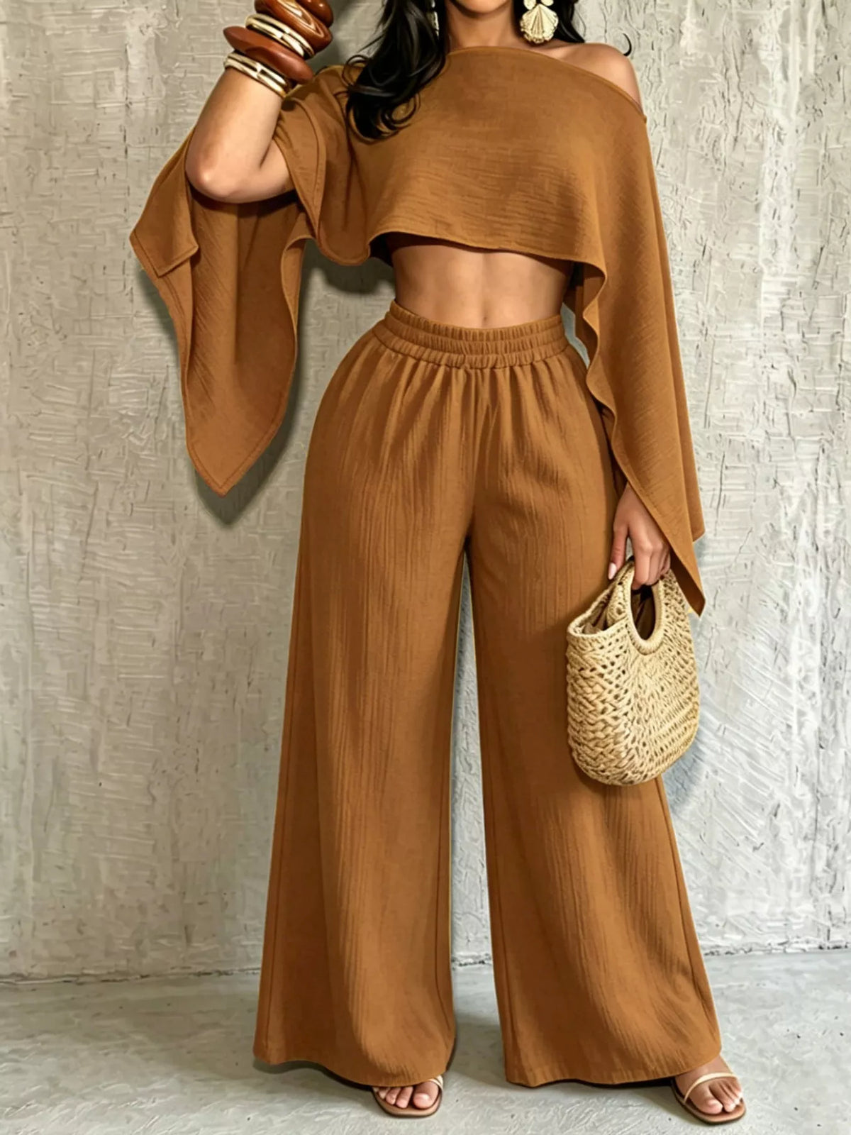 Brown boat-neck crop top and matching high-waist wide-leg pants set