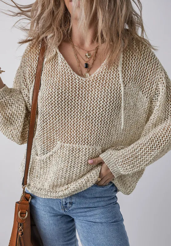 Beige openwork knit hooded top, dropped shoulders, draped hood and front pocket detail