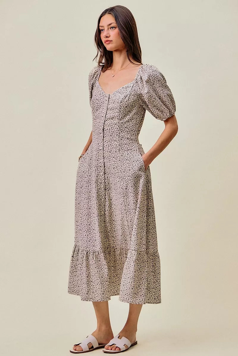 Ditsy floral dress with puff sleeves, square neckline, and elastic waist in off white/black