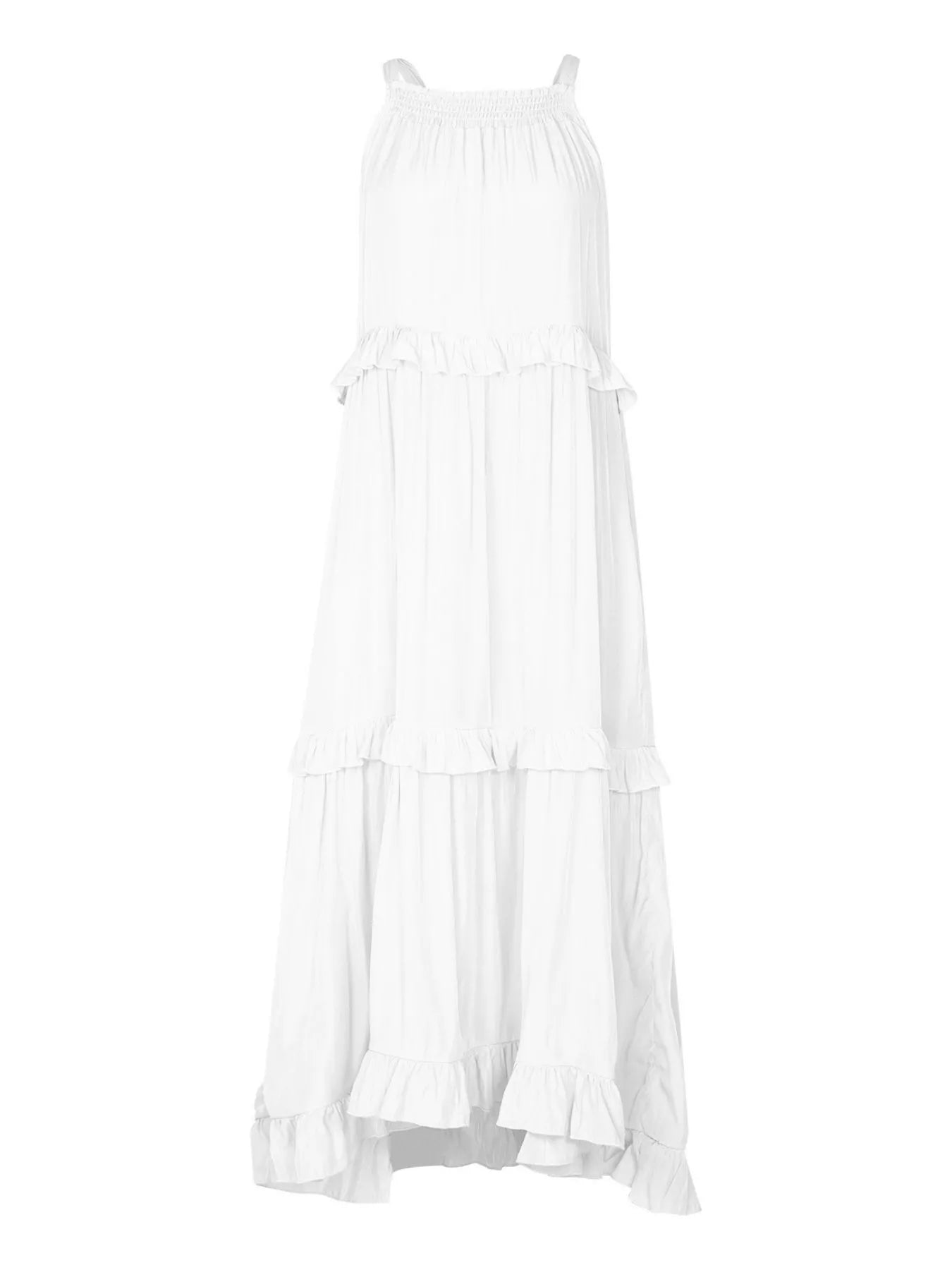 Tiered sleeveless maxi dress, white with smocked bodice and layered ruffles