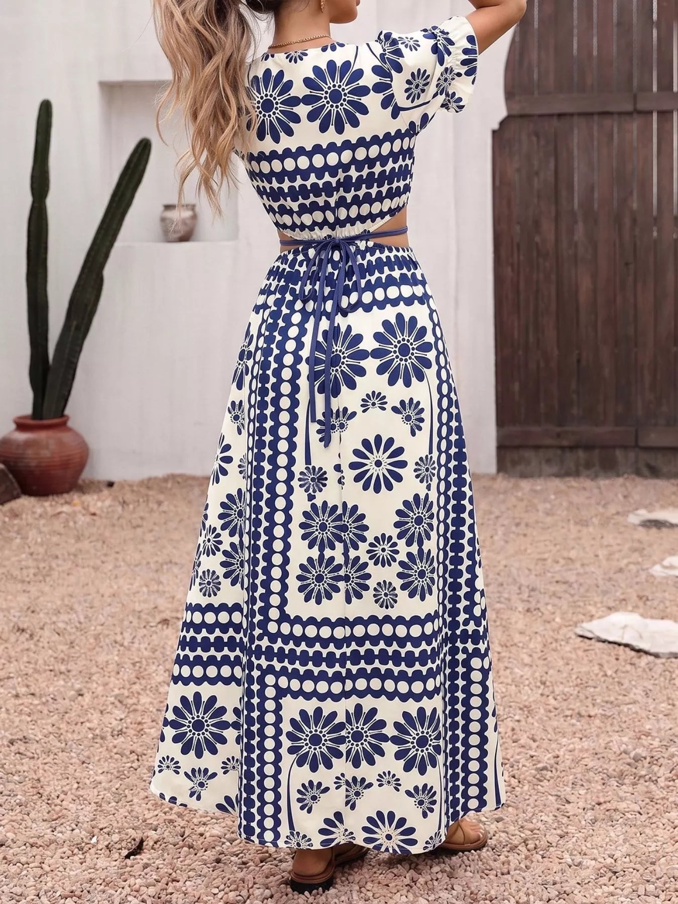Cedar & Moore Floral Print Cutout Waist Maxi Dress navy white with tie waist and slit