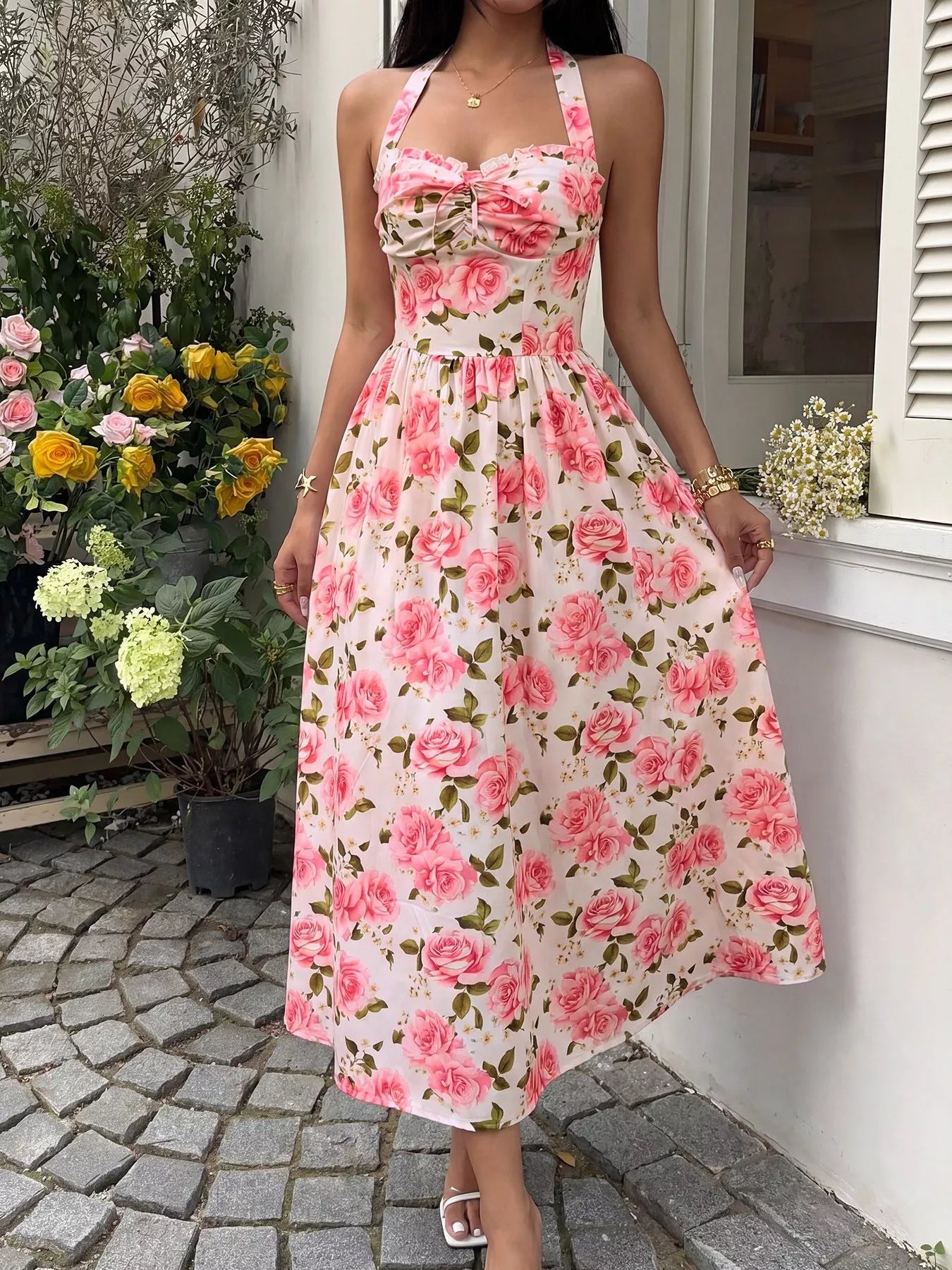 Cedar & Moore Floral Print Halter Neck Midi Dress, pink rose print, smocked bodice with tied center