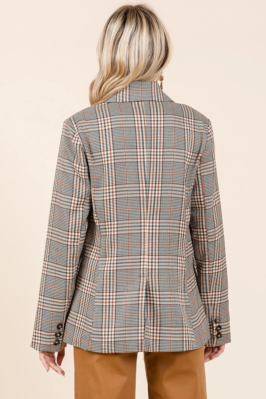 Brown plaid double-breasted blazer back with long sleeves and rear seams