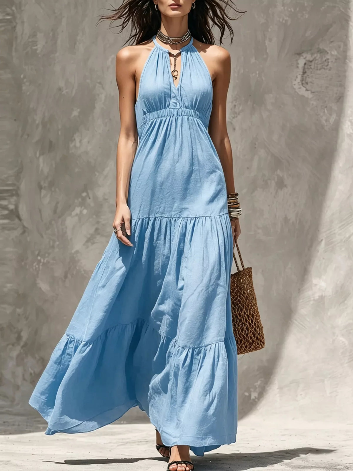 Sky blue tiered halter sleeveless maxi dress with gathered bodice and tiered hem