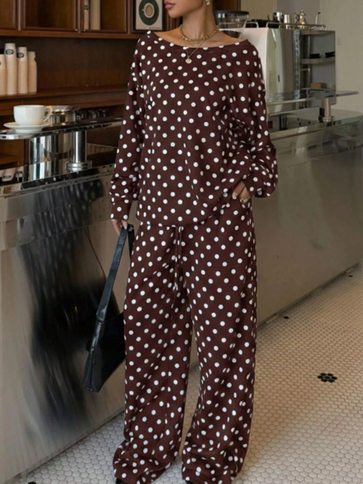 Brown polka dot off-shoulder long-sleeve two-piece set with wide-leg pants