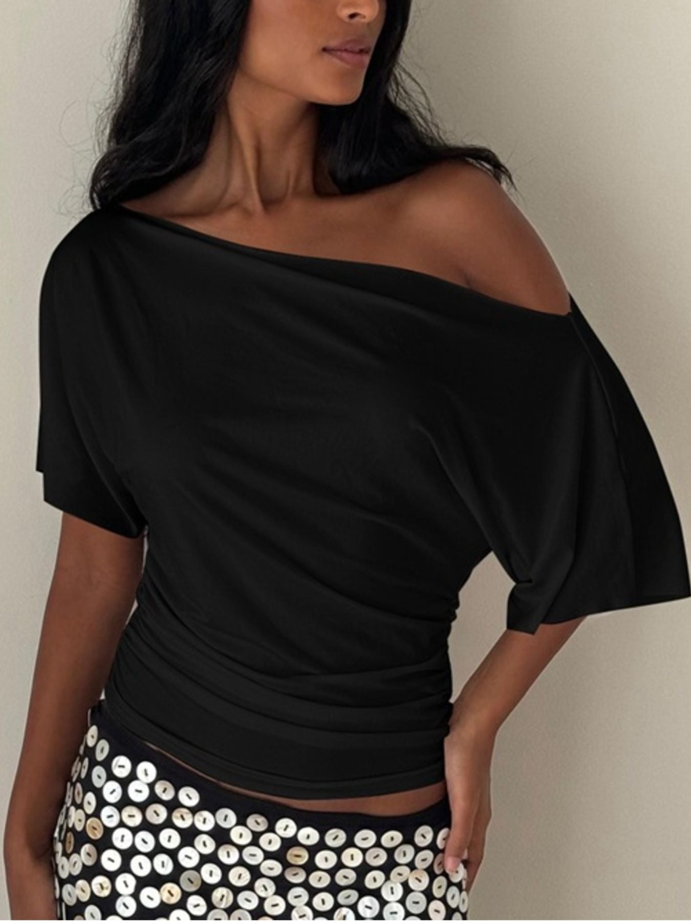 Cedar & Moore One Shoulder Short Sleeve T-Shirt, black ruched top by Trendsi