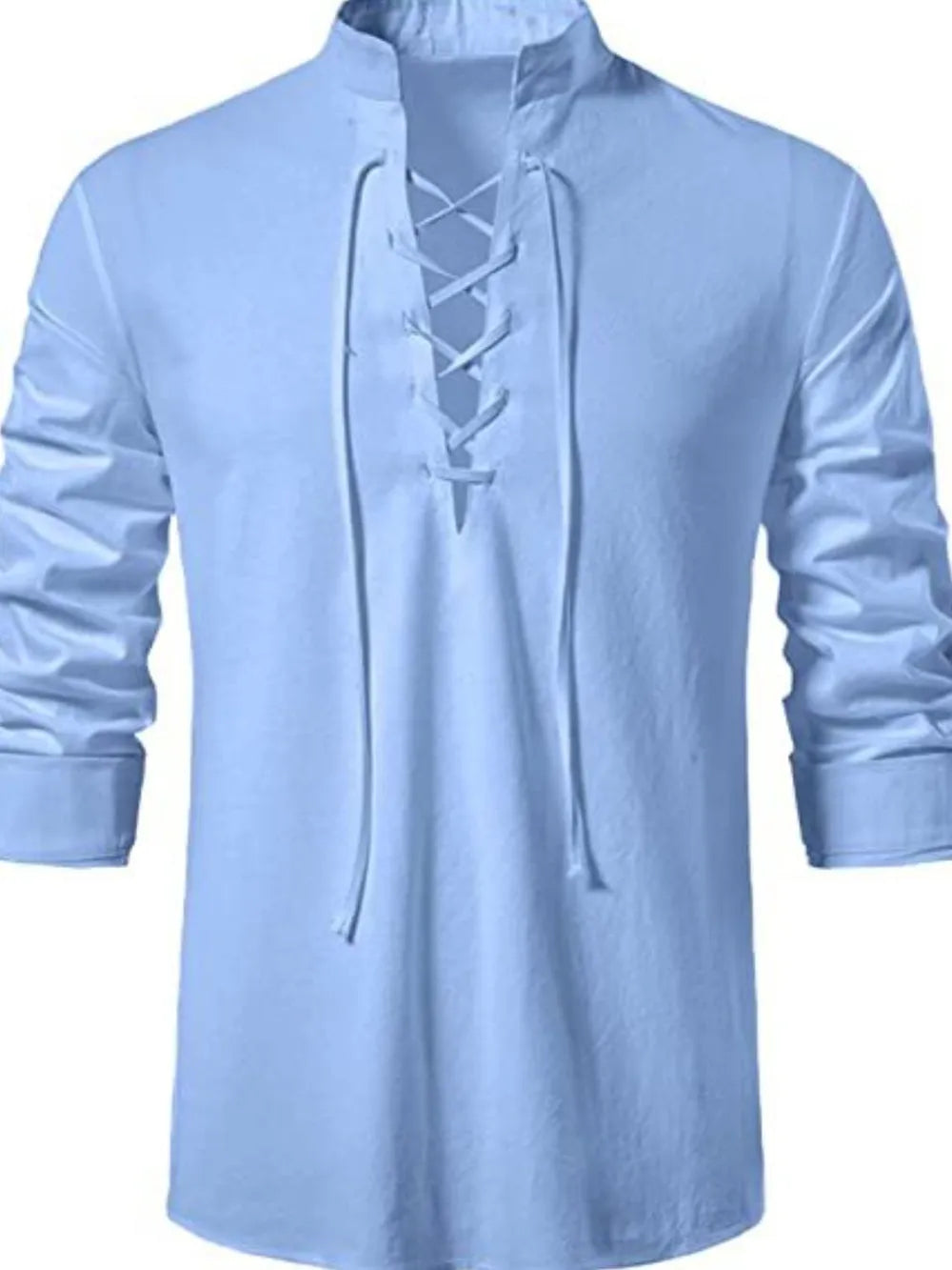 Men's lace-up long sleeve blouse in light blue, stand collar with eyelet lace-up front