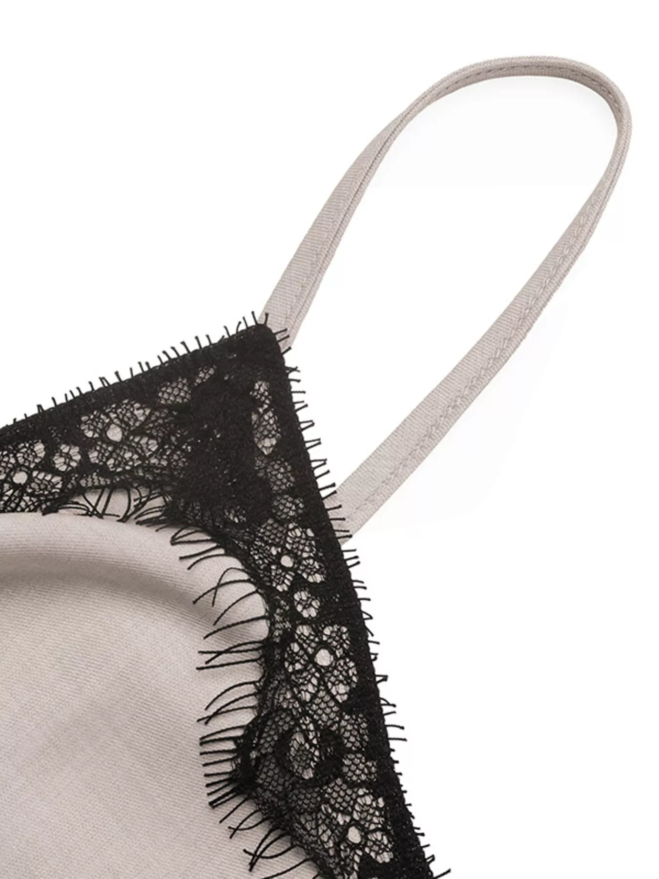 Cedar & Moore Lace Trim Twist Front Cami with beige strap and black lace detailing