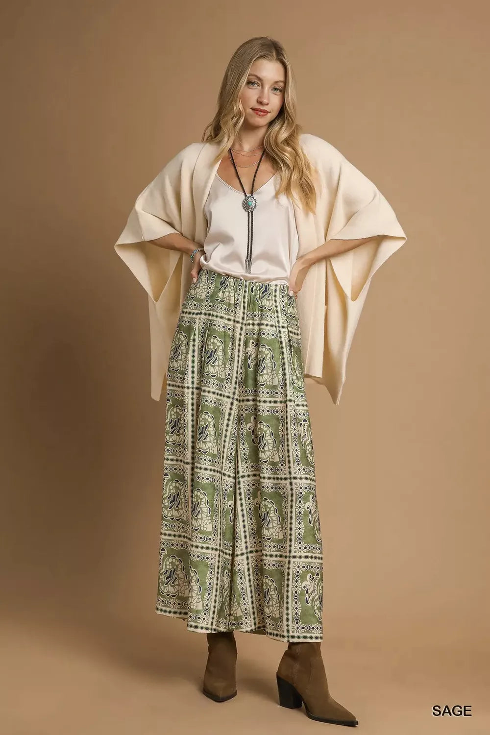 Sage green bohemian print pants with pockets, full-length wide-leg