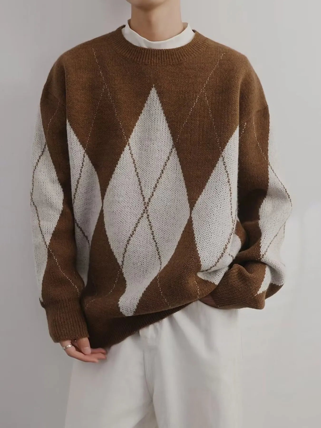 Brown and cream argyle oversized knit sweater with diamond motif, crew neck