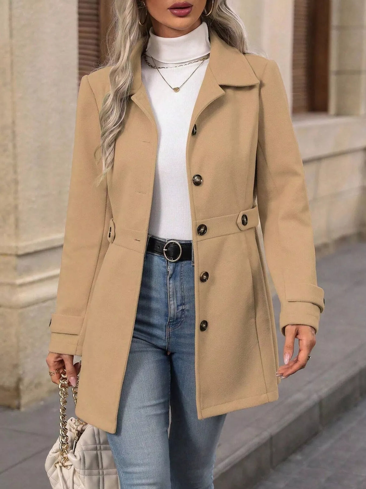 Khaki single-breasted long-sleeve button coat with notch collar and flap pockets