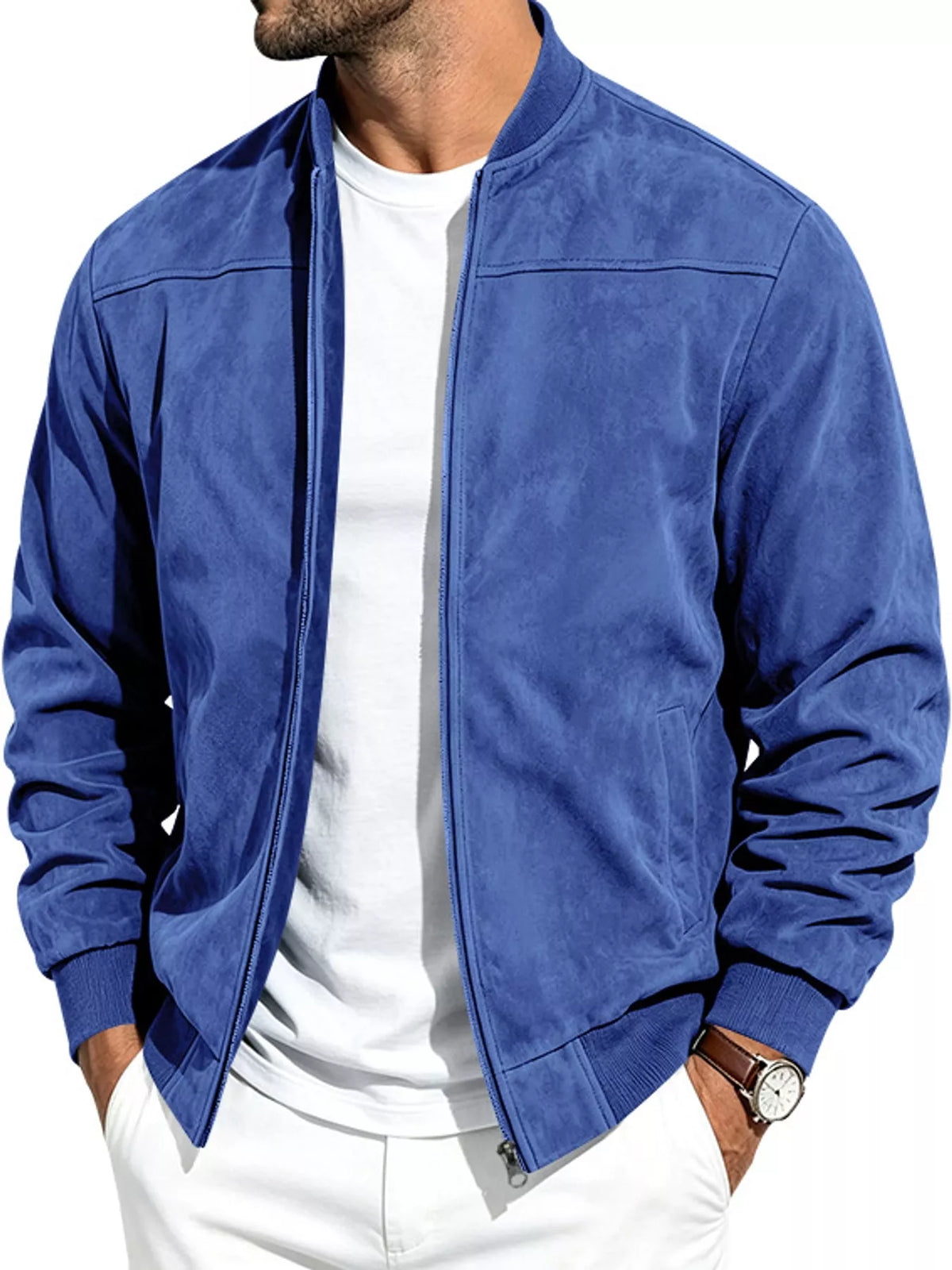 Men's zip-up jacket in blue suede-style with stand collar and front zipper