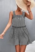 Black and white striped square-neck dress with frill-trim straps and tiered skirt